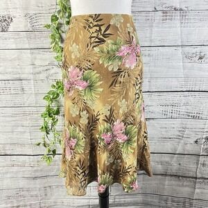 Charter Club Skirt size 16 Brown Green Pink Floral Linen Silk Bias A Line Knee